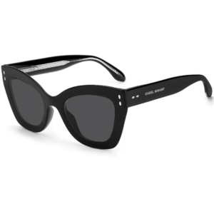 Isabel Marant 0050/G/S 807. Gafas de Sol femeninas de acetato negro graduables con forma cuadra, sin flexo en varillas y ajuste smart asian fitting, con lentes de color gris uniforme que disponen de un índice de protección categoría 3 aportando una protección UV del 100%.